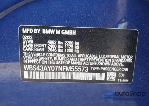 2022 BMW M3 Competition xDrive from USA, damaged, VIN WBS43AY07NFM55573